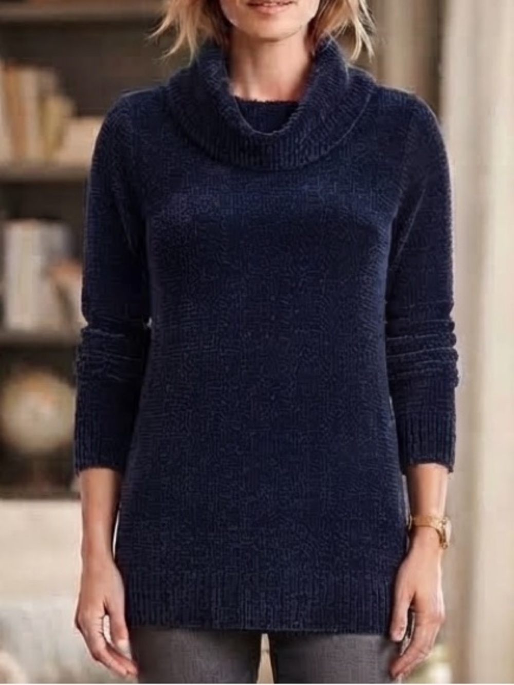 Classic Chenille Navy Cowl-Neck Sweater Tunic